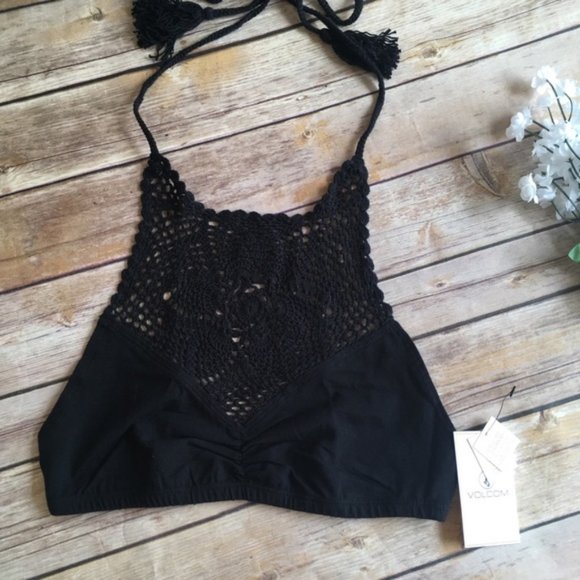 VOLCOM | Black Crochet Flower Halter Top Bralette NEW - Picture 5 of 9